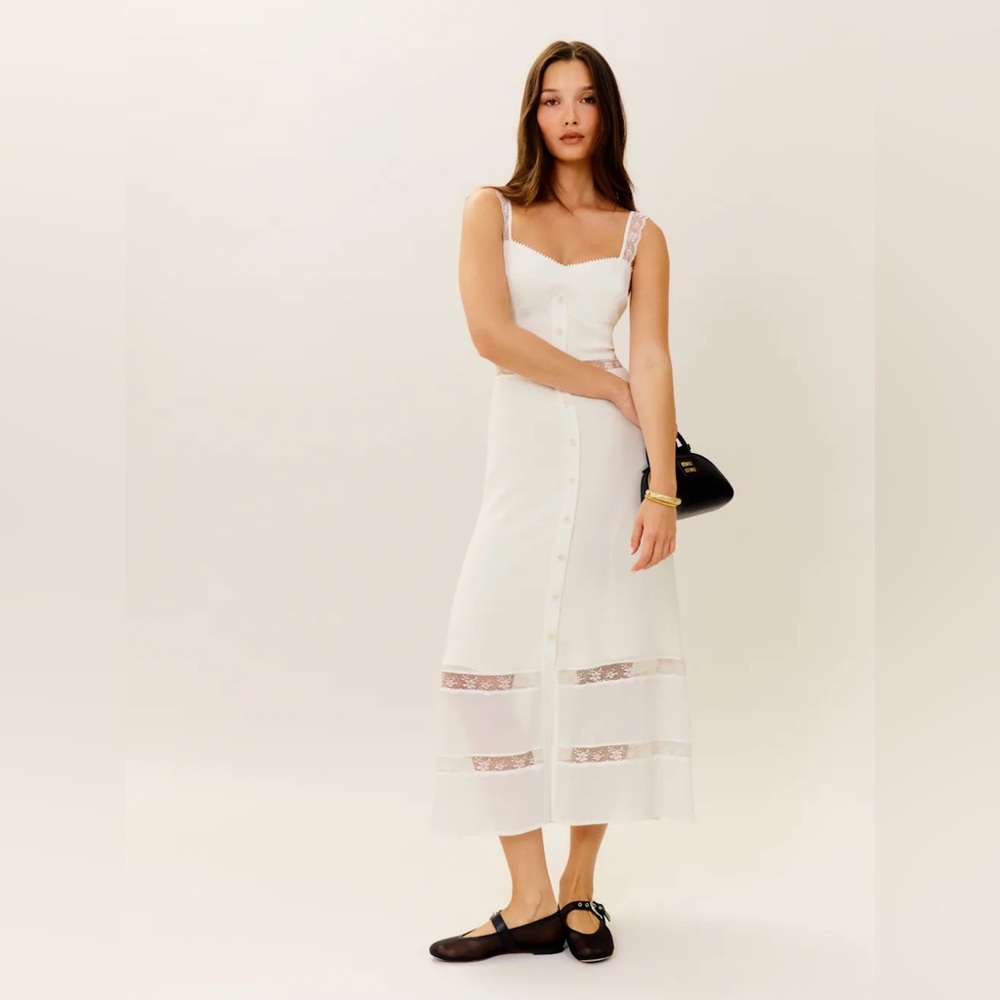 Reformation Ivory Off White Wynton Midi Dress Lace Details & Button Front 4 EUC